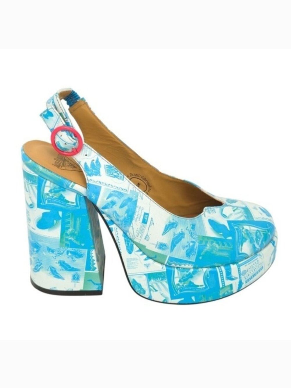 John Fluevog Blue Newsprint Lasting Impressions Tenura Chunky Platform‎ Heels- 8